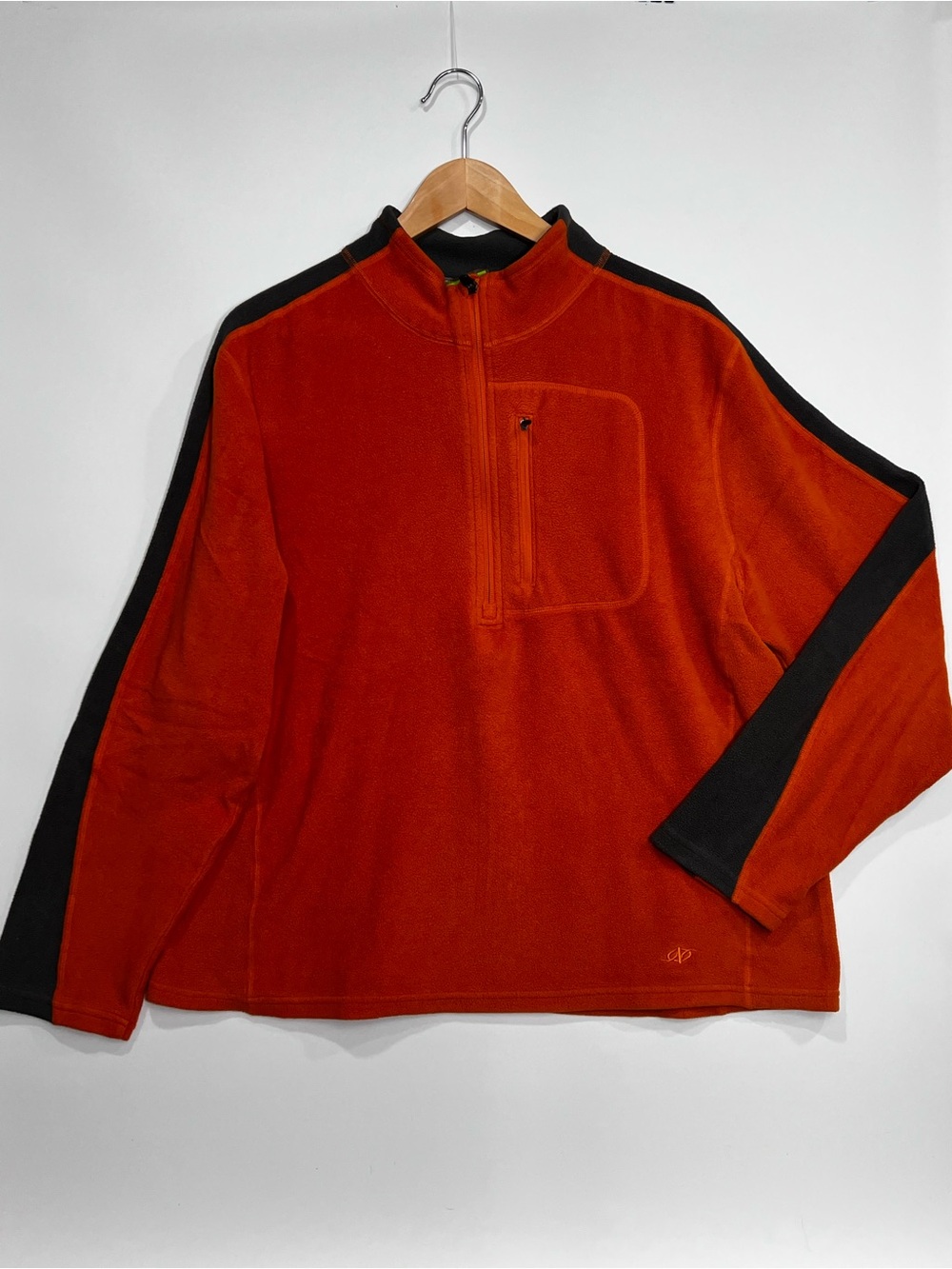 Men's Zip-Up Orange Fleece Pullover with Black Sleeve Panels